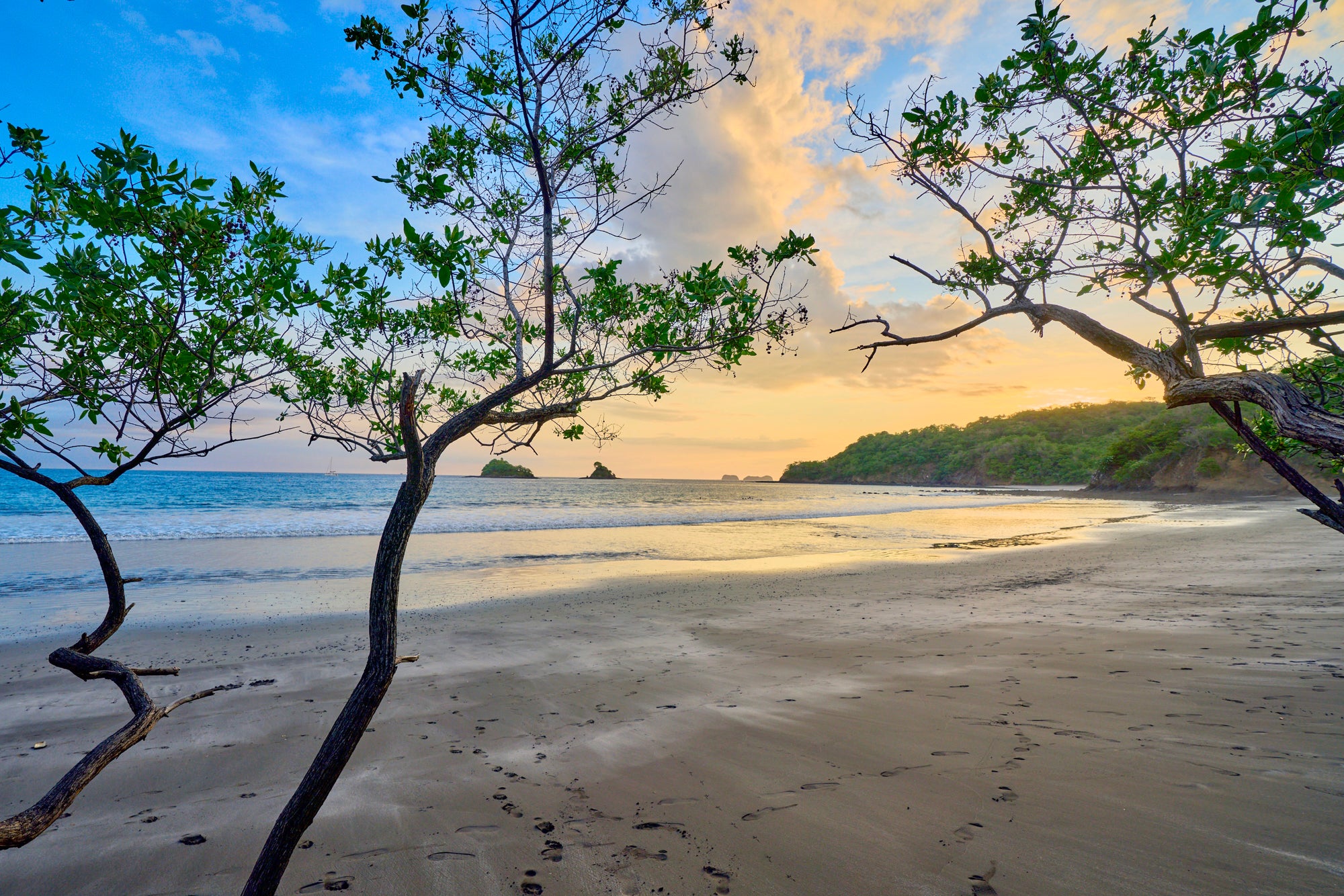 Playa Danta in Costa Rica at low tide and sunset with trees and calm ocean by Chris Shetler