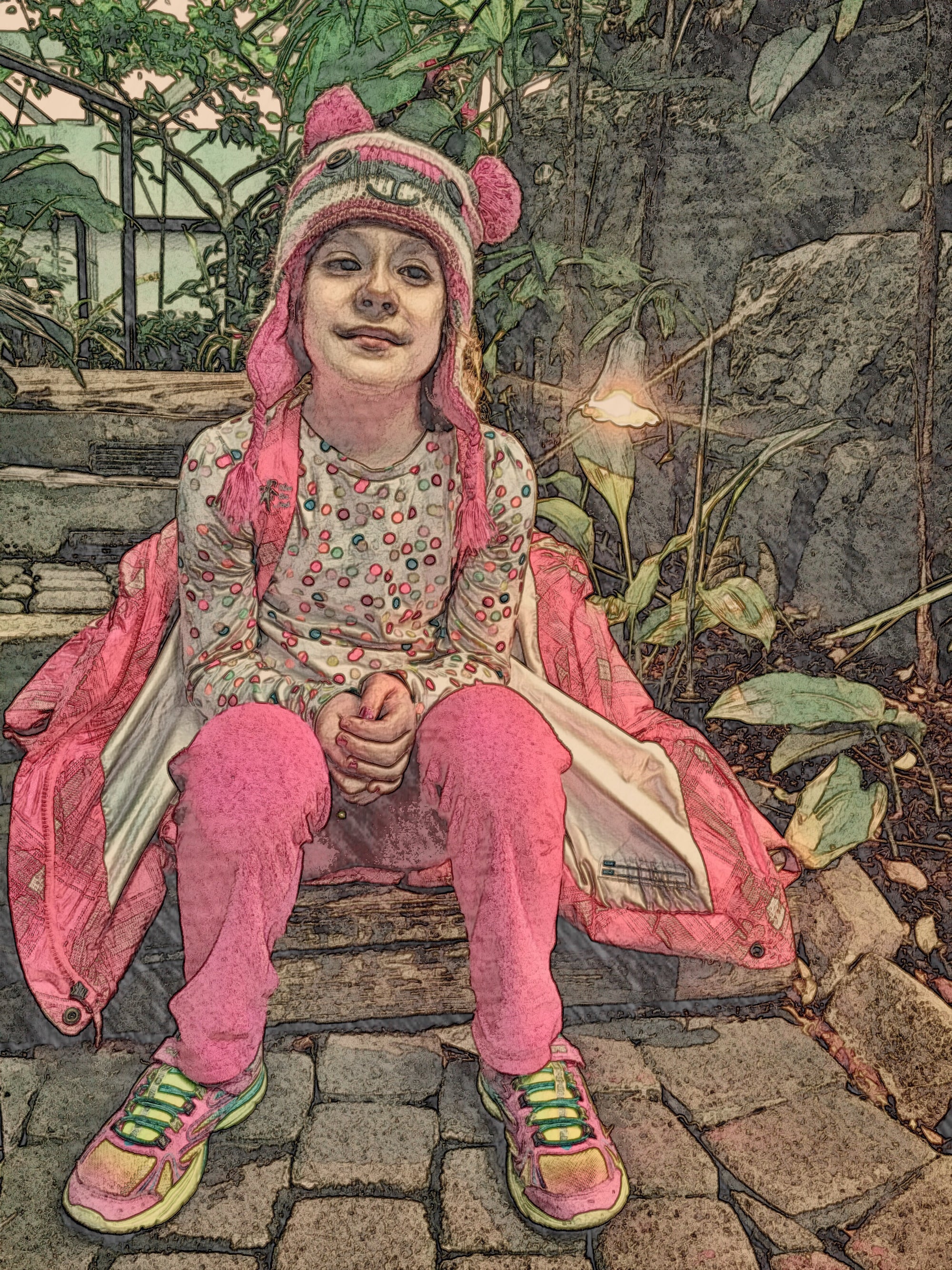 A stylized image of a person wearing a pink outfit, sitting on a bench with a natural background, processed with a filter to give it a flat appearance with contour-like lines and a reduced color palette.